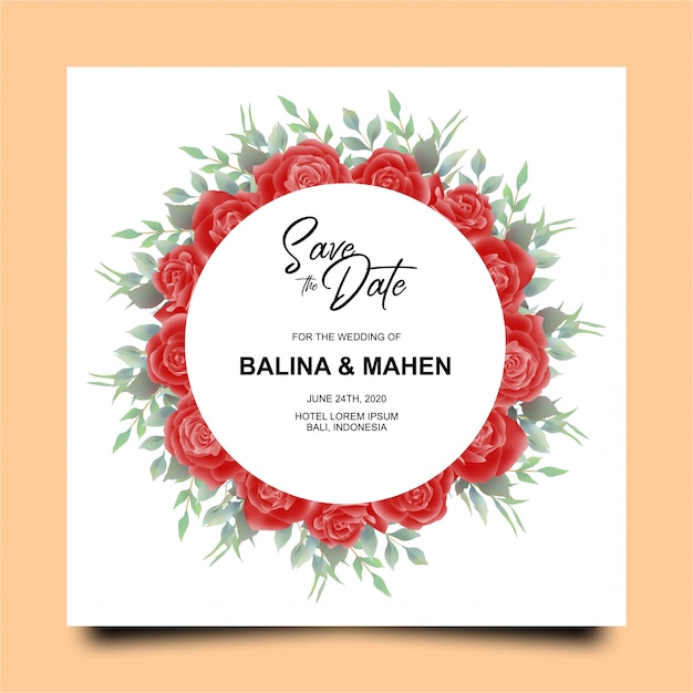 Plantilla de tarjeta de invitación de boda con acuarela estilo rosa roja