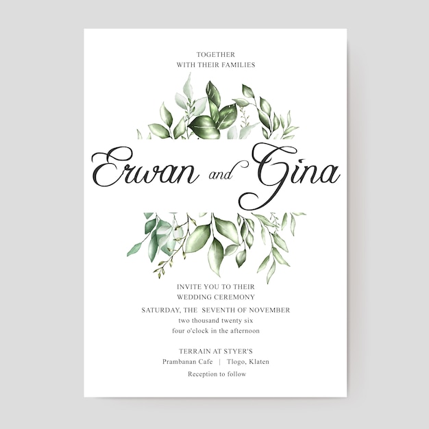 Plantilla de tarjeta de invitación de boda con acuarela floral y hojas