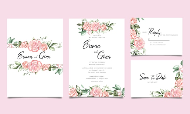 Plantilla de tarjeta de invitación de boda con acuarela floral y hojas