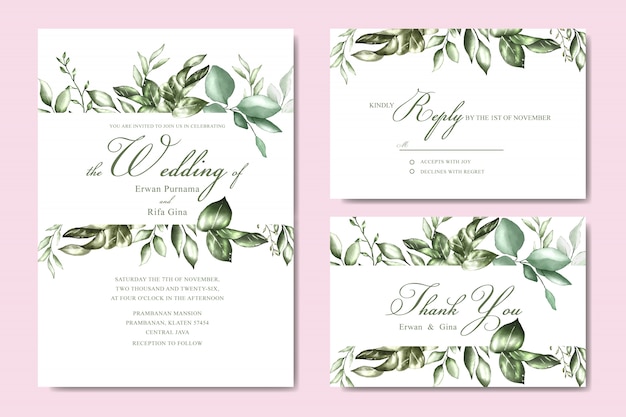 Plantilla de tarjeta de invitación de boda con acuarela floral y hojas