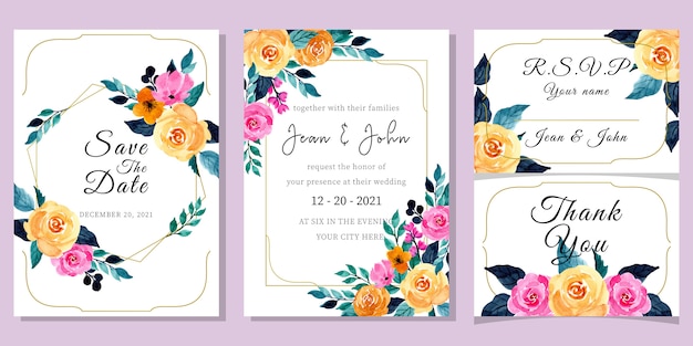 Plantilla de tarjeta de invitación de boda con acuarela floral