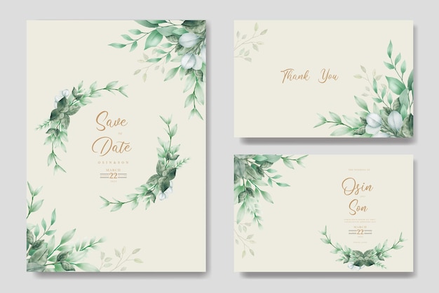 Plantilla de tarjeta de invitación de boda de acuarela con hojas verdes