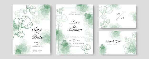 Plantilla de tarjeta de invitación de boda de acuarela de oro rosa con decoración floral dorada. fondo abstracto guardar la fecha, invitación, tarjeta de felicitación, vector multiusos