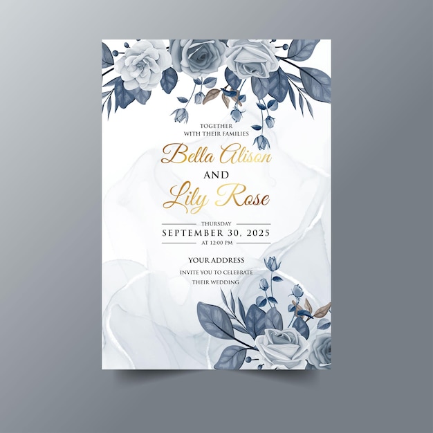 plantilla de tarjeta de invitación de boda de acuarela con rosa azul y hojas