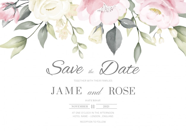 Vector plantilla de tarjeta de invitación de boda con acuarela rosa rosa y blanca