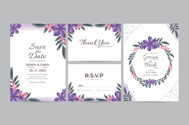 Plantilla de tarjeta de invitación de boda con adornos florales de acuarela
