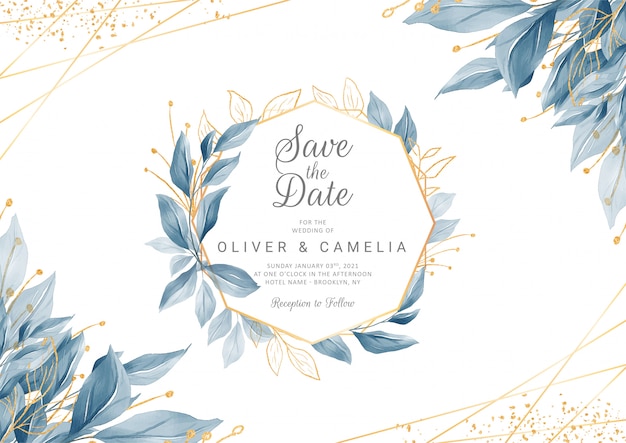 Plantilla de tarjeta de invitación de boda azul marino con marco floral dorado de acuarela