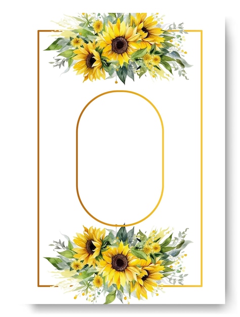 Plantilla de tarjeta de invitación de boda con borde de corona floral de girasol amarillo hermoso