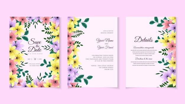 Plantilla de tarjeta de invitación de boda botánica con hojas de flores silvestres Tarjeta de felicitación de vector de invitación floral