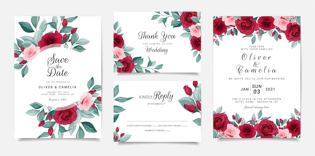Plantilla de tarjeta de invitación de boda botánica con marco y borde de flores