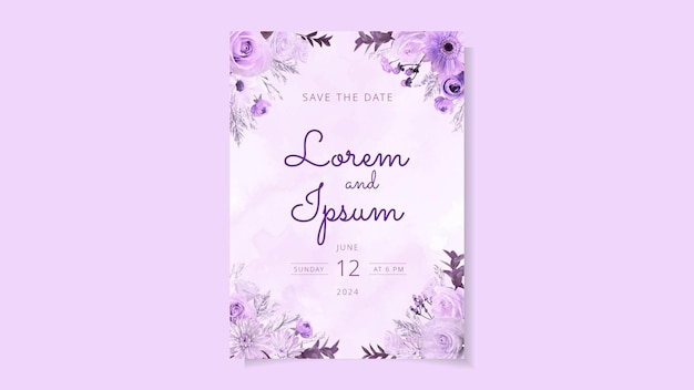 Plantilla de tarjeta de invitación de boda de corona floral elegante moderna flor premium Púrpura