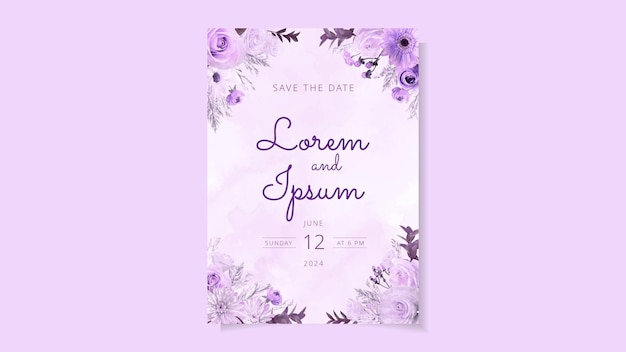 Vector plantilla de tarjeta de invitación de boda de corona floral elegante moderna flor premium púrpura