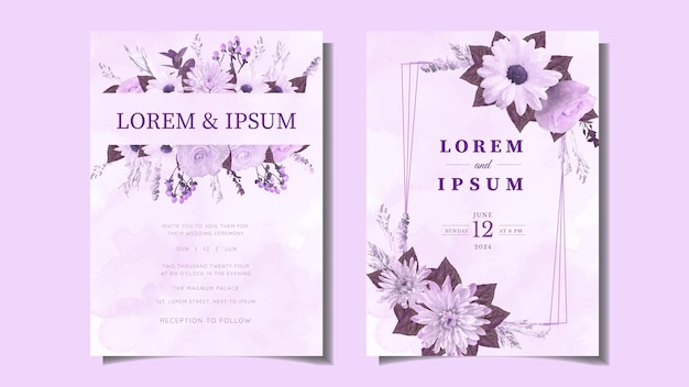 Plantilla de tarjeta de invitación de boda de corona floral elegante moderna flor premium Púrpura