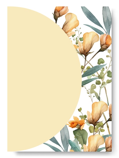 Plantilla de tarjeta de invitación de boda con corona floral hermosa Plantilla de boda con borde y flor de globo amarillo