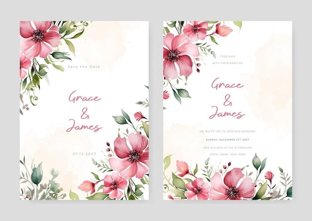 plantilla de tarjeta de invitación de boda de cosmos rosa con vector de textura de acuarela floral y floral