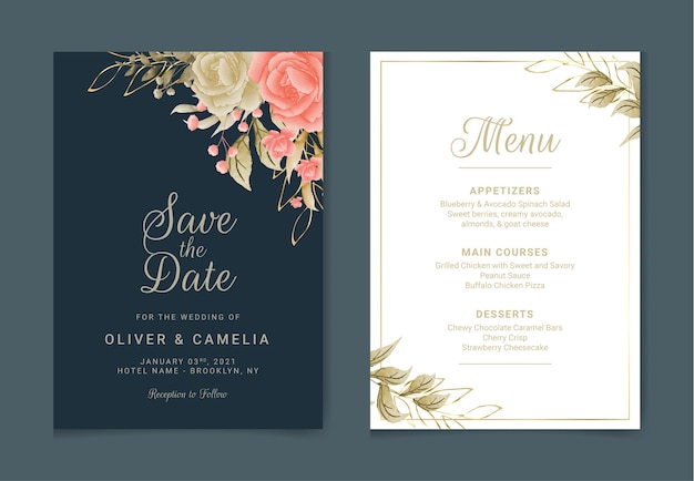 Plantilla de tarjeta de invitación de boda con decoración floral y acuarela