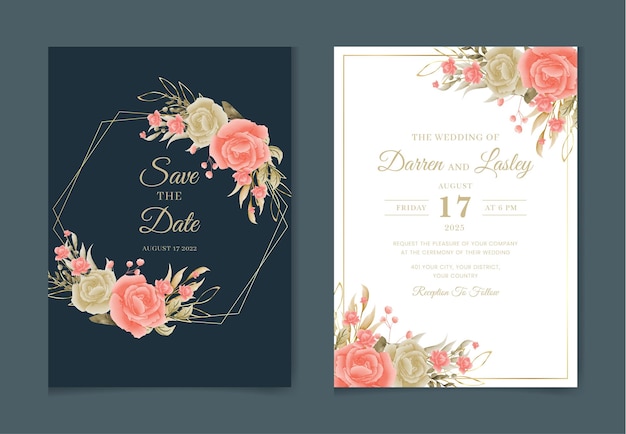 Plantilla de tarjeta de invitación de boda con decoración floral y acuarela