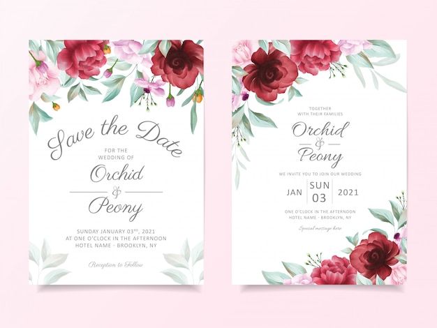 Plantilla de tarjeta de invitación de boda con decoración floral de borde