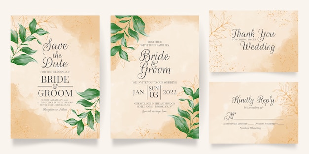 Plantilla de tarjeta de invitación de boda con decoración de hojas de acuarela