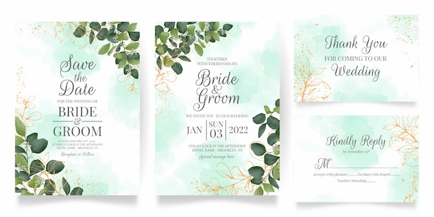 Plantilla de tarjeta de invitación de boda con decoración de hojas de acuarela