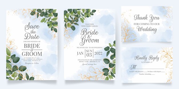 Plantilla de tarjeta de invitación de boda con decoración de hojas de acuarela