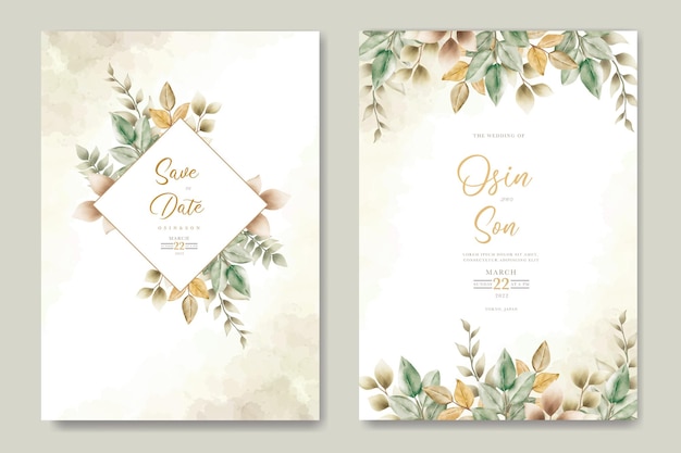 plantilla de tarjeta de invitación de boda con decoración de hojas de acuarela