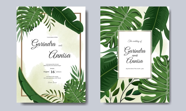 Plantilla de tarjeta de invitación de boda con decoración de hojas tropicales