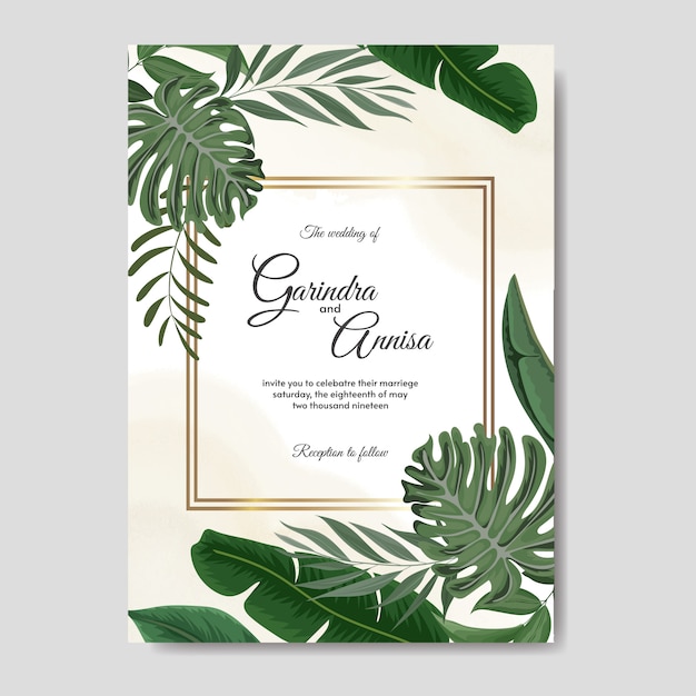 Plantilla de tarjeta de invitación de boda con decoración de hojas tropicales