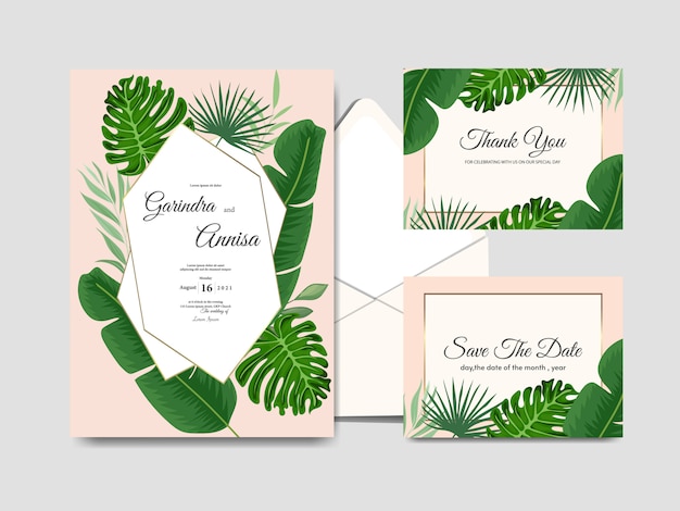 Plantilla de tarjeta de invitación de boda con decoración de hojas tropicales