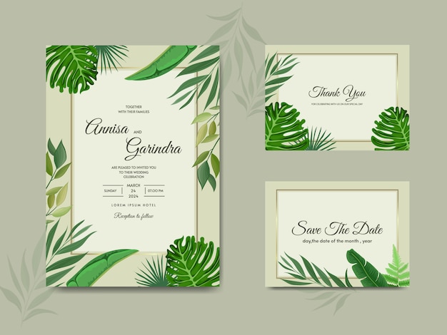 Vector plantilla de tarjeta de invitación de boda con decoración de hojas tropicales