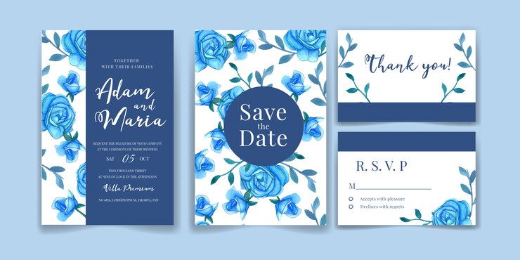 Plantilla de tarjeta de invitación de boda con decoración rosa acuarela azul