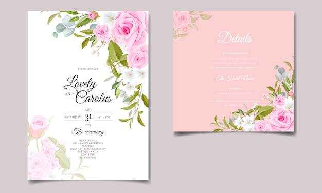 Plantilla de tarjeta de invitación de boda con decoraciones florales de color rosa suave