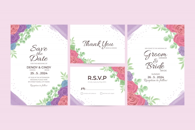 Plantilla de tarjeta de invitación de boda con decoraciones de marco floral acuarela