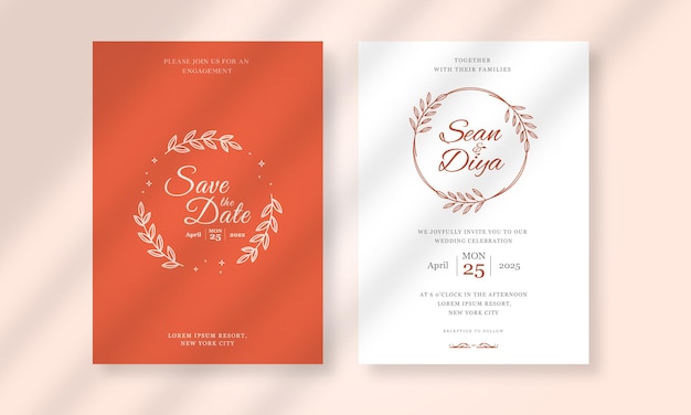 Vector plantilla de tarjeta de invitación de boda dibujada a mano con ilustración floral de arte de línea minimalista