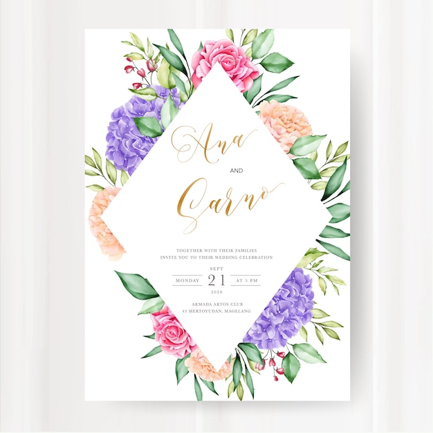 Vector plantilla de tarjeta de invitación de boda, diseño floral acuarela
