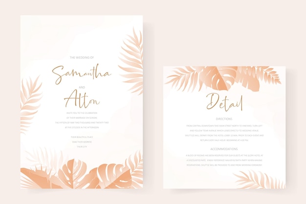 Plantilla de tarjeta de invitación de boda con diseño tropical