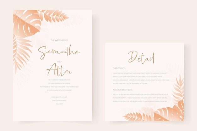 Plantilla de tarjeta de invitación de boda con diseño tropical