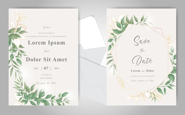 Vector plantilla de tarjeta de invitación de boda editable con adorno verde