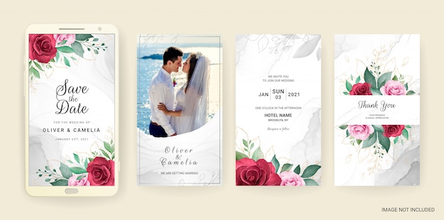 Plantilla de tarjeta de invitación de boda electrónica con acuarela y oro floral.