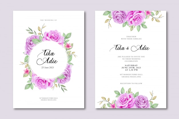 Plantilla de tarjeta de invitación de boda elegante con acuarela floral