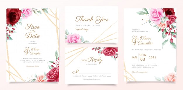 Plantilla de tarjeta de invitación de boda con elegante decoración de flores