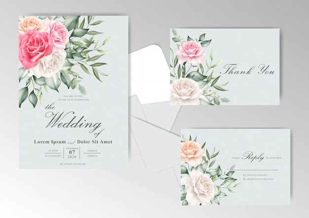 Plantilla de tarjeta de invitación de boda con elegante dibujado a mano floral y acuarela