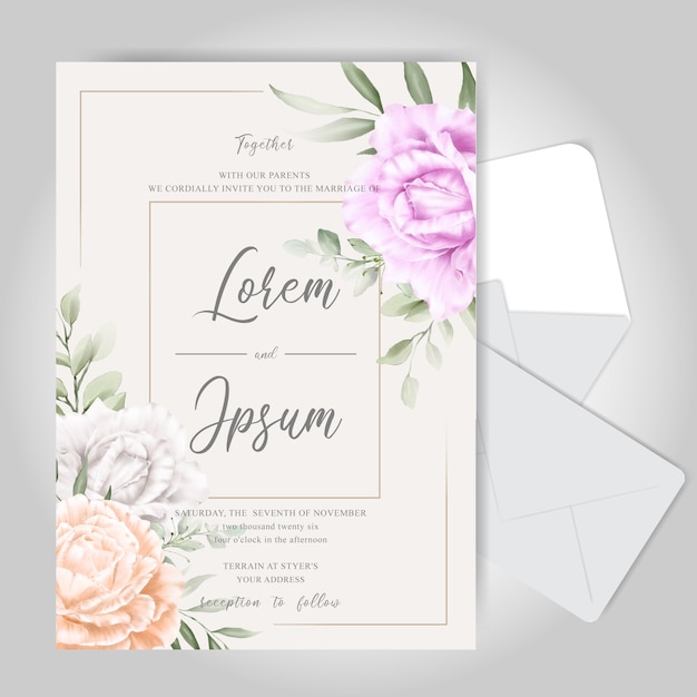 Plantilla de tarjeta de invitación de boda elegante editable con acuarela floral