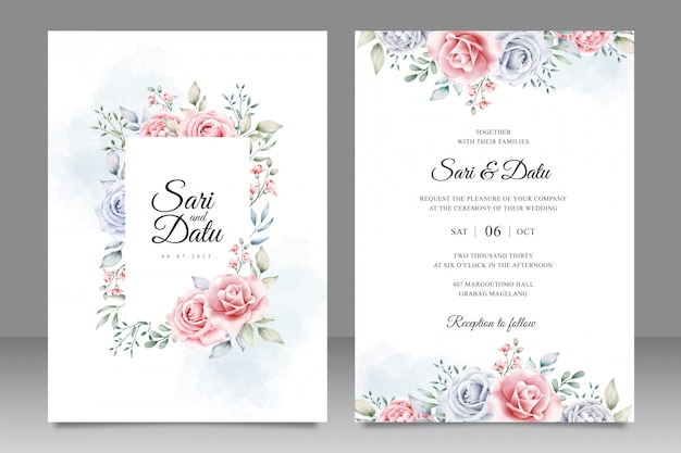 Plantilla de tarjeta de invitación de boda elegante con hermosa acuarela floral