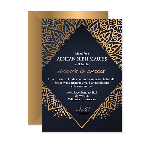 Plantilla de tarjeta de invitación de boda con estilo étnico, diseño oriental