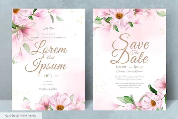 Plantilla de tarjeta de invitación de boda de flor de arreglo de magnolia dibujada a mano
