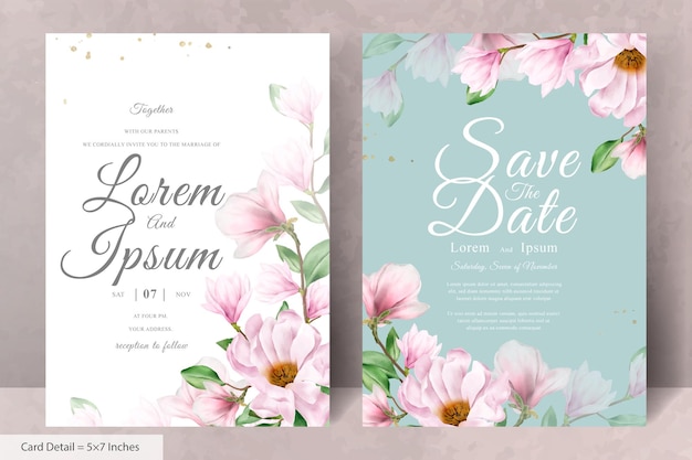 Plantilla de tarjeta de invitación de boda de flor de arreglo de magnolia elegante