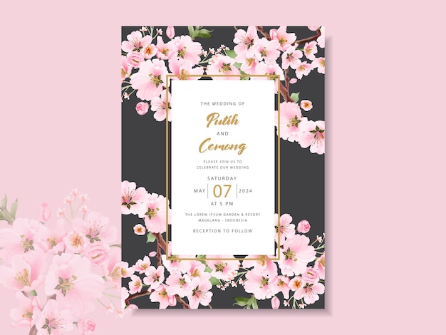 plantilla de tarjeta de invitación de boda de flor de cerezo acuarela