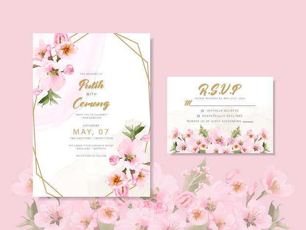 plantilla de tarjeta de invitación de boda de flor de cerezo acuarela