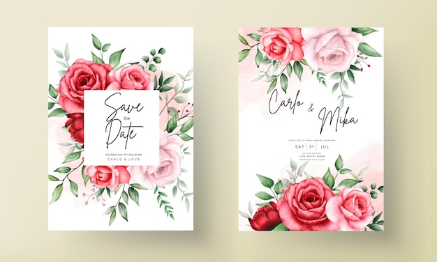 Plantilla de tarjeta de invitación de boda de flor granate romántica